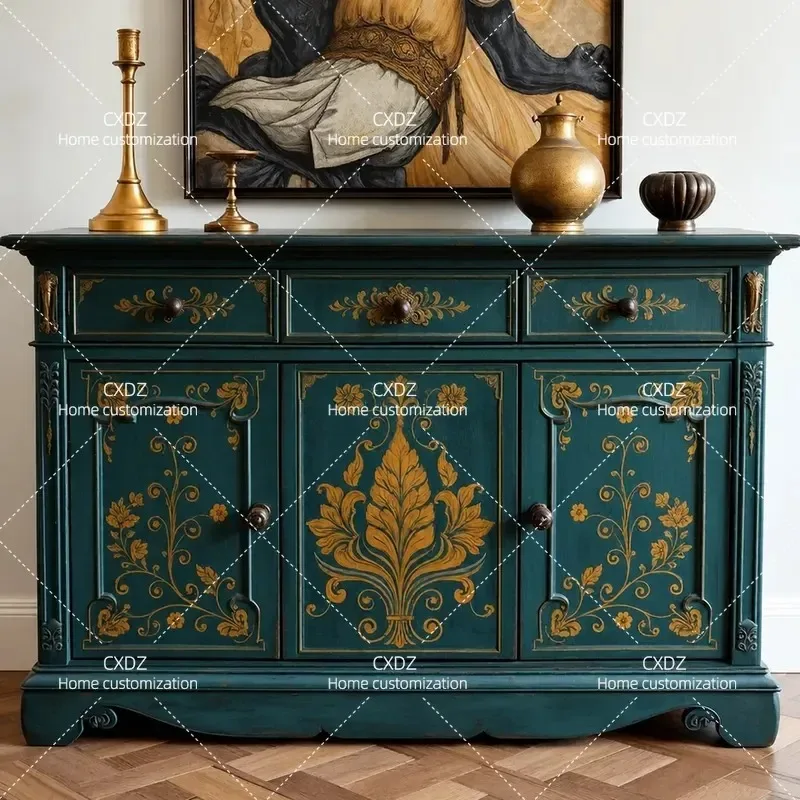 French Retro Painted Solid Wood Carved Flower Three Door Dining Side Cabinet Wabi Sabi Style Decorative Storage Locker