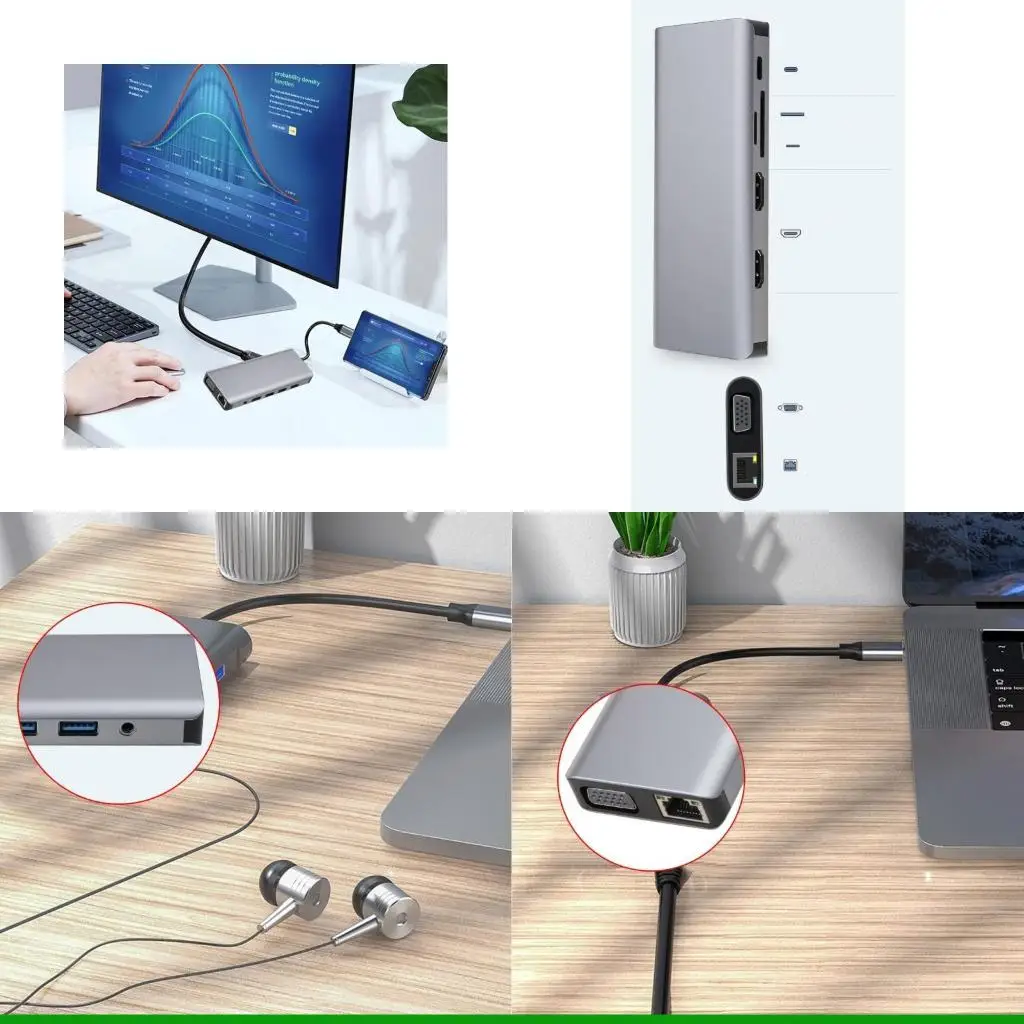 

U55C 12 в 1 USB-концентратор типа C 3,0 Gigabit Ethernet HDMI-совместимый VGA 3,5 мм аудио 100 Вт PD док-станция для ноутбуков