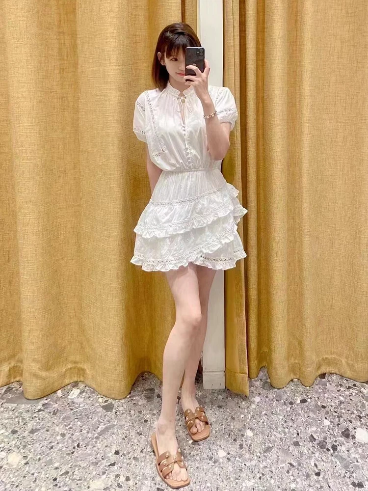 Vestido F MIGII de Cintura Alta com Recortes e Cinto, Estilo Francês, Vestido  Tricotado em A, Manga Curta, Decote...