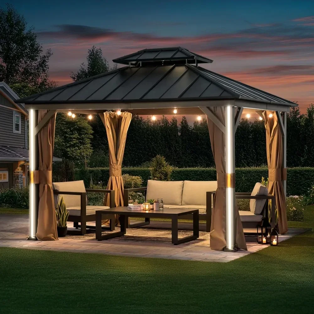 Modern Shade Hardtop Gazebo 10' x 12' with 4 LED Lights, Outdoor Gazebo with Double Roof, Patio Gazebo with USB & USB-C