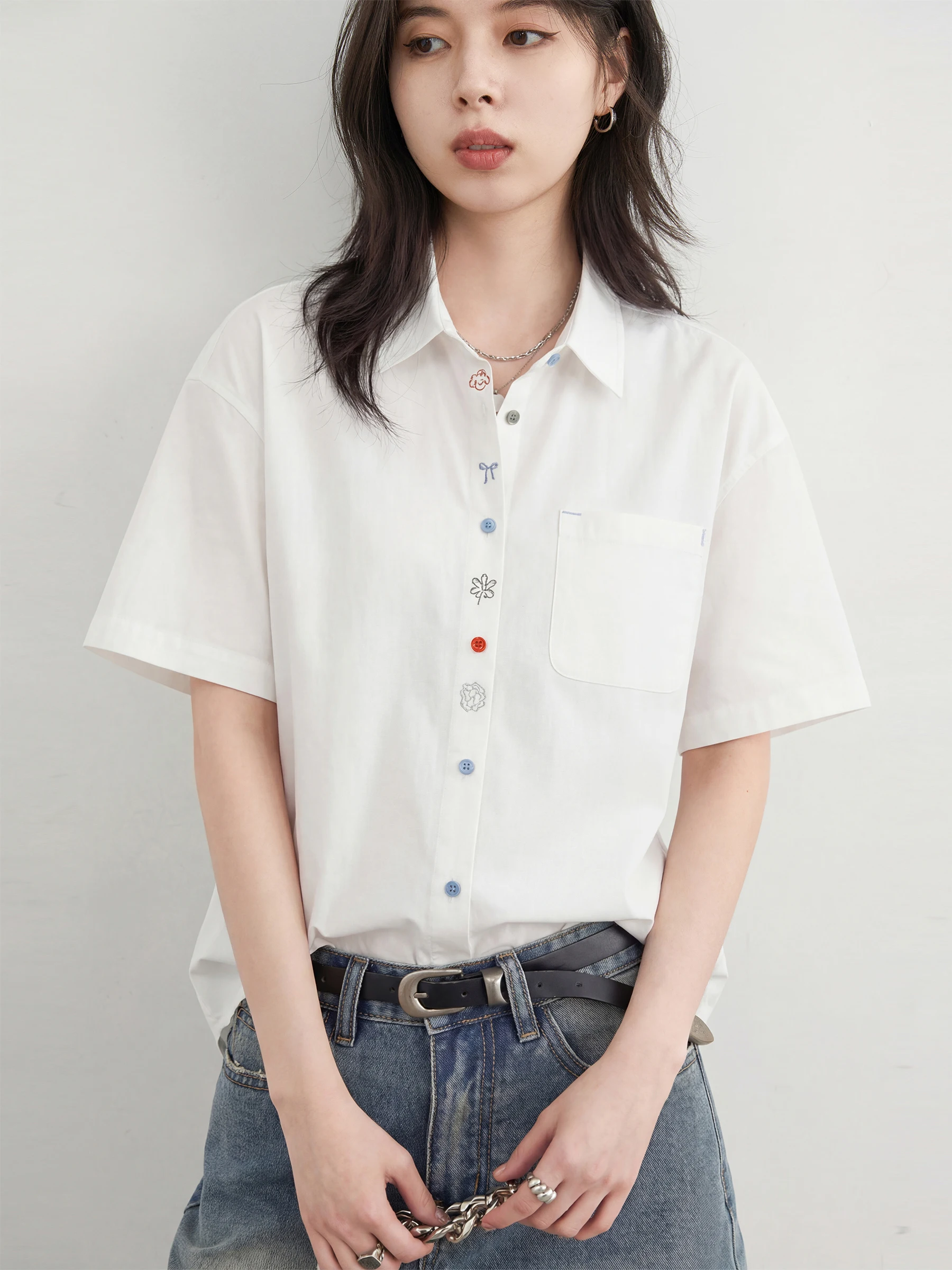 

Удобная хлопковая рубашка с коротким рукавом, вышитая, на пуговицах, в повседневном стиле, женский открытый кардиган, дышащий, летняя мода