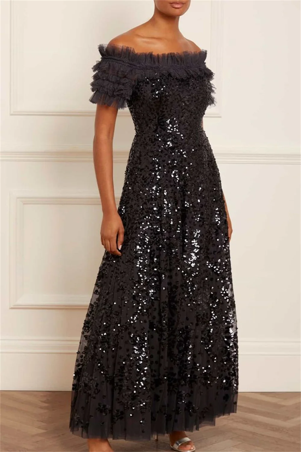 Cathy Black Glitter Sequins A-line Prom Dress Customized Off Shoulder فستان حفلات الزفاف Plus Size Puff Sleeveless Wedding Dress