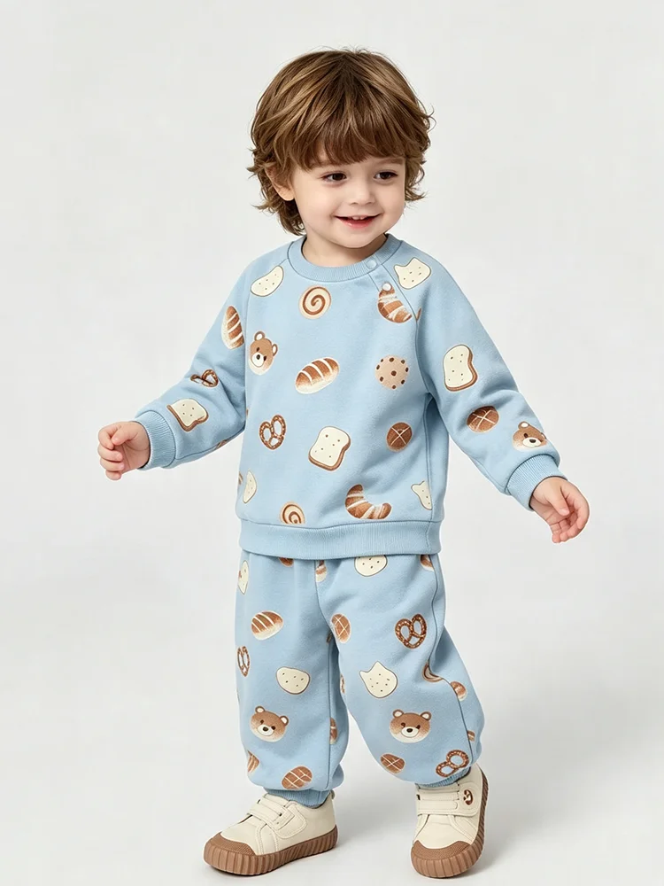 Baby Boy Fleece Lined Clothes Set 2 Piece Bread Bear Print Light Blue Sweatshirt Pants Toddler Infant Fall Winter Warm