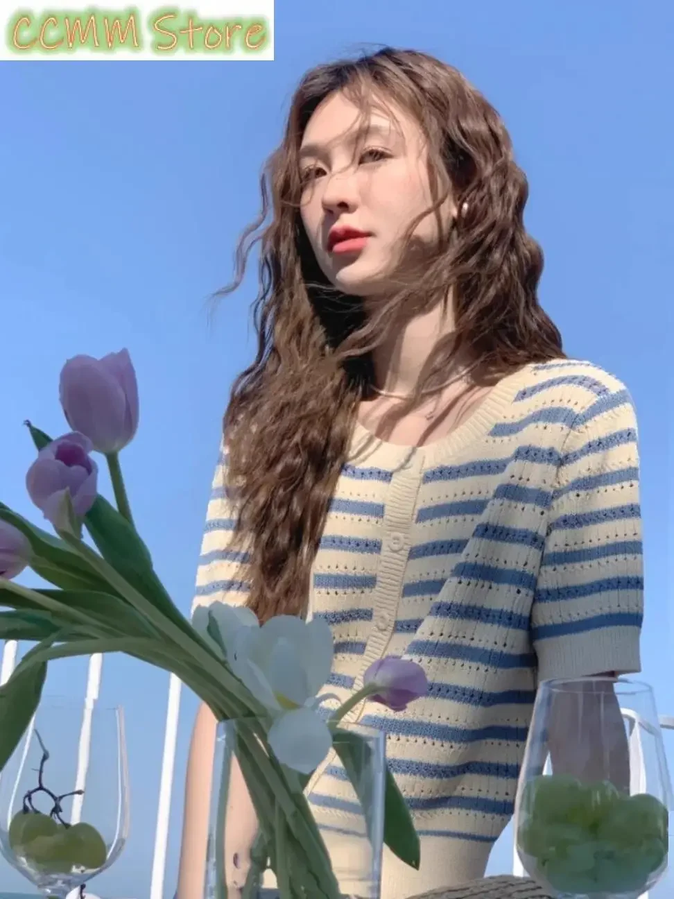 

Korean Gentle Blue White Striped Color Blo Knitted Open Cardigan Women Summer Thin ort Sve Hollow out round Ne Loose