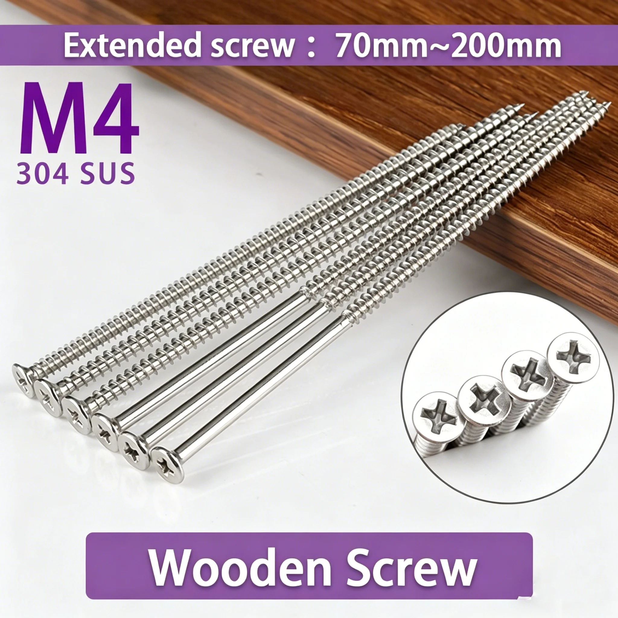 M4 Extra Long Countersunk Flat Head Self Tapping Wood Screw 304 Stainless Steel Heavy Duty Hardware Fasteners 160-200mm