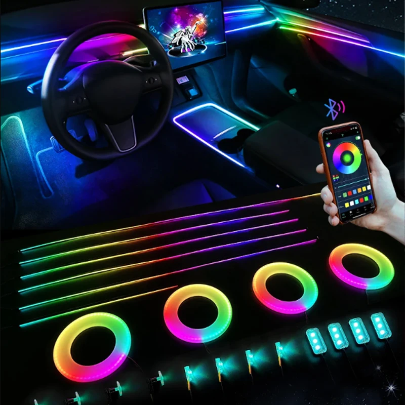 Symphony Car Ambient Neons Lights Strips Rainbow Colorful Auto Atmosphere 64 RGB Universal Lighting Acrylic Lamps App Contro LED