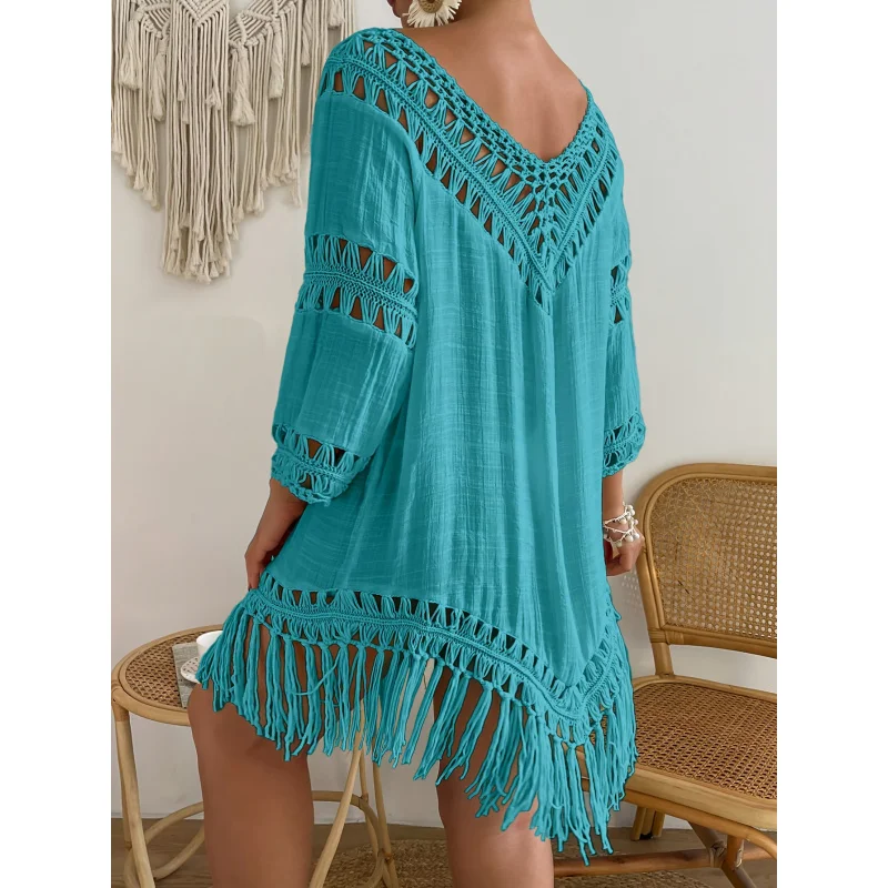 MOXDO Plus Size Beach Cover-Up: Long-Sleeve, Openwork Crochet Skirt, Relaxed Fit, Casual Vacation Style—Perfect for the Beach