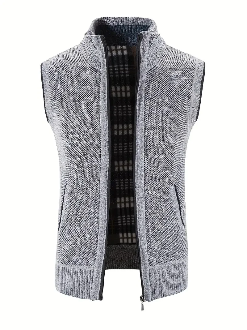 Man Winter Sweater Solid Color Vest Leisure And Comfortable Warm Zippered Stand Up Collar Sleeveless Vest