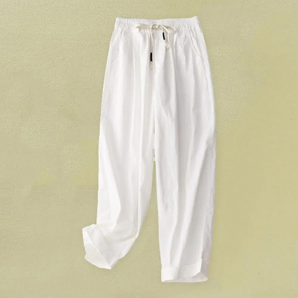 

Solid Color Wide-leg Trousers Stylish Women's Wide Leg Pants with Drawstring Waist Pockets Retro Casual Trousers for Summer