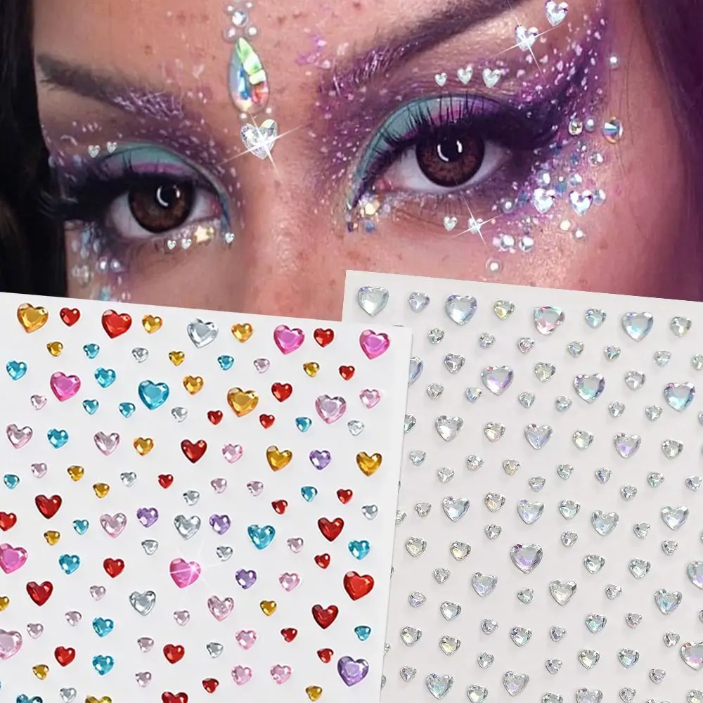 3D Dazzling Face Rhinestone Sticker Aurora Iridescent Transparent Rhinestone Sticker Heart Shape Round Shape
