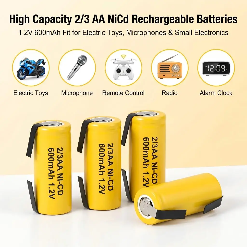1.2V 600mAh 2/3 AA NiCd Rechargeable Nickel Cadmium Battery For Microphone Electric Toys Wholesale