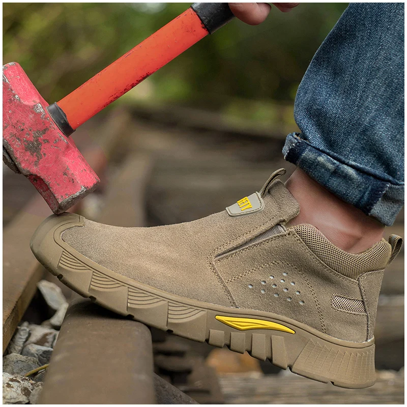 men casual steel toe caps safety boots slip-on working shoes cow suede leather welding sneakers worker ankle botas safe footwear