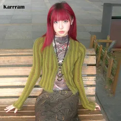 Karram-和風クロップカーディガン,ヴィンテージ原宿ニットアウターウェア,Vネック,ガーメント2000,ストライプアメリカレトロ