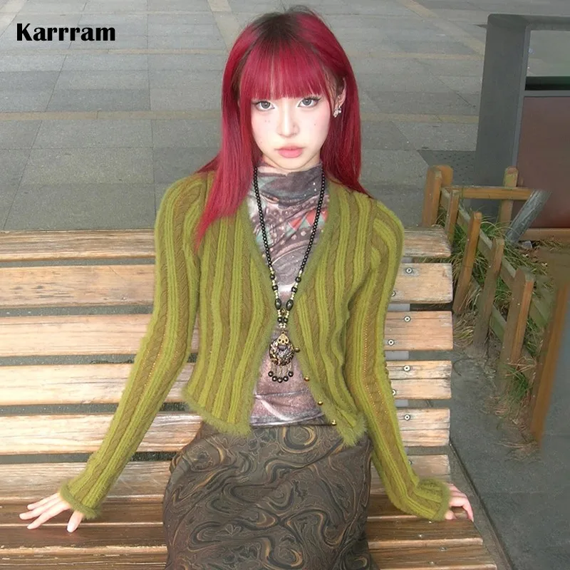 Karrram Japanese Y2k Crop Cardigan Vintage Harajuku Knitted Outerwears 2000s Aesthetics V-neck Knitwear Striped American Retro