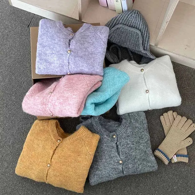 Autumn Winter Women's Knitted Jacket Solid Color Fuzzy Long Sleeve Button Sweater Cardigan Casual O-Neck Loose Soft Knitwear