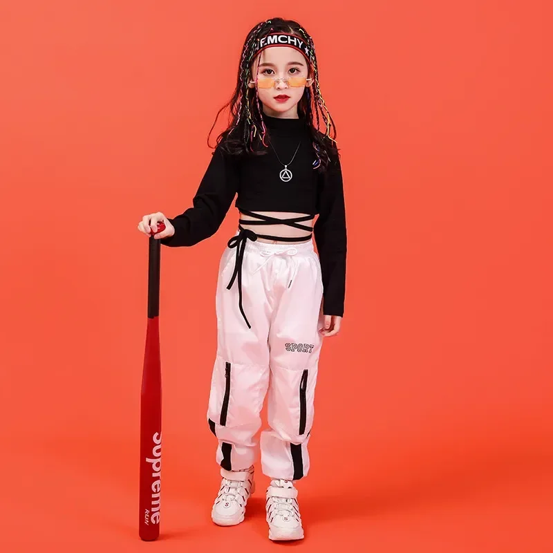 White Streetwear Jogger Pants for Girls Jazz Dance Costume Clothes Kid Hip Hop Clothing Black Crop Top Long Sleeve Lace up Shirt