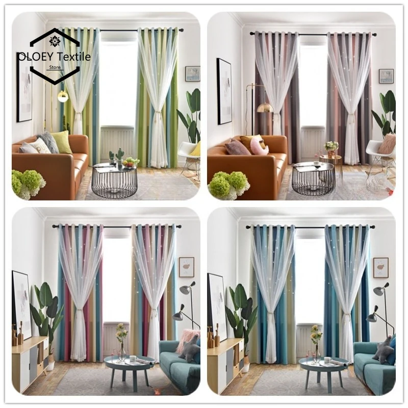 

Custom Size ！Nordic Style Hollow Star Gradient Double Layer Full Blackout Elegant Curtains for Living Dining Room Bedroom