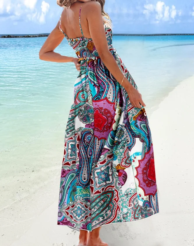 Chemise à motif tribal pour femmes, col carré, sans manches, ceinture épaisse, ourlet plissé, jupe longue, robe de vacances, nouveau style d'été
