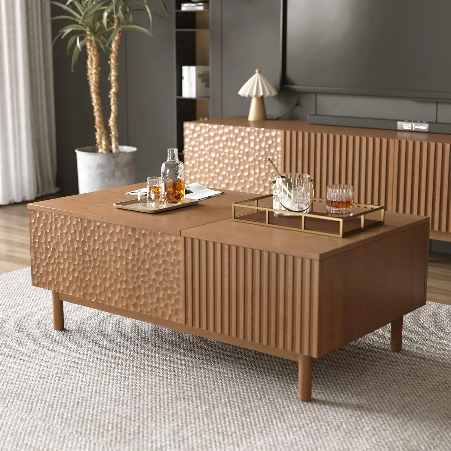 

51.1" Mid-Century Modern Lift Top Coffee Table With Storage, Large Wooden Center Table With Hidden Compartments, Drawers, Solid