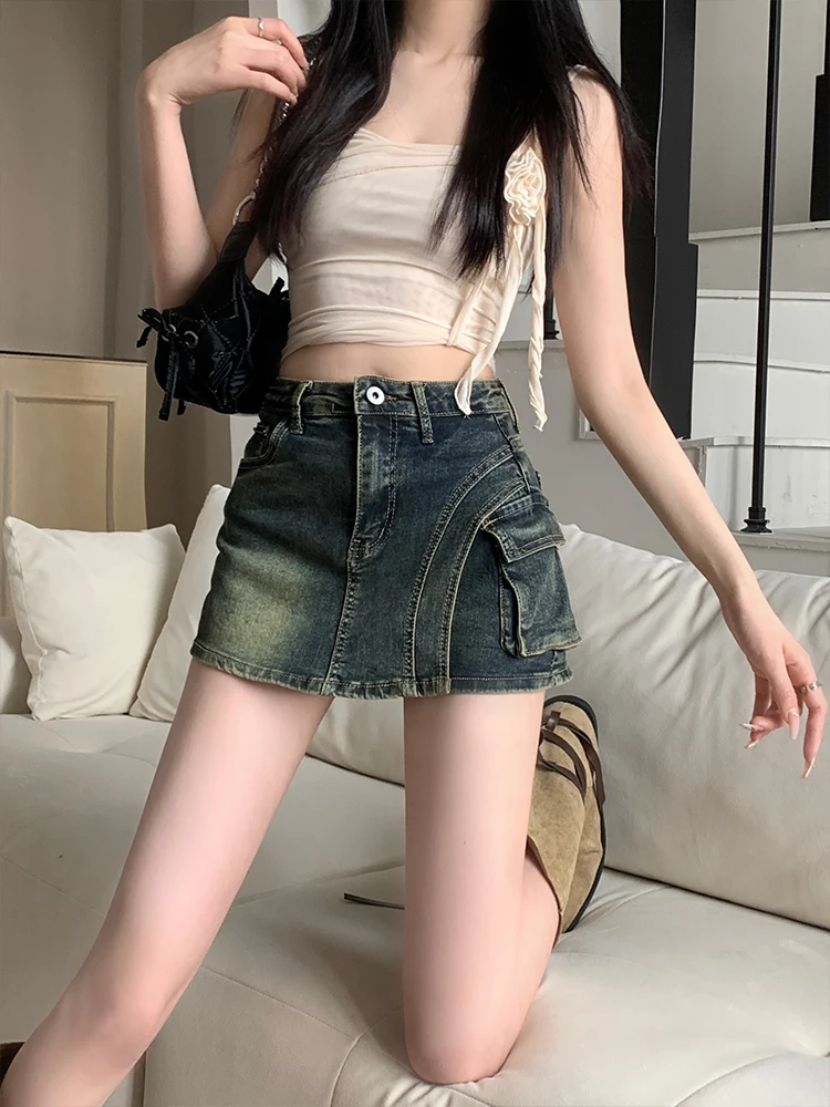 Jupe trapèze taille haute pour femmes, Denim Anti-lumière, pour les déplacements d'été, Version coréenne, bouton, fermeture éclair, conception orth S...