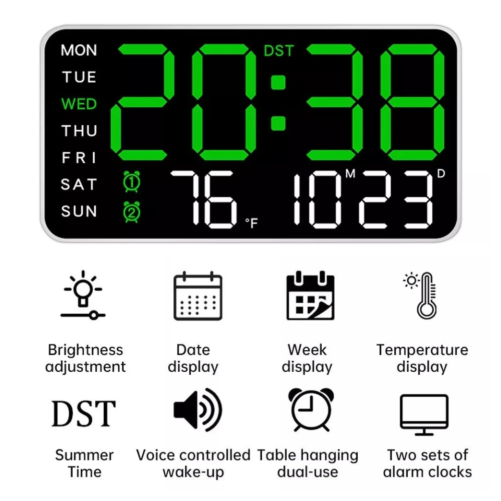 Large Digital Wall Clock Date Week Temperature Display Voice Control Table LED Alarm Clocks Brightness Adjustable 12/24H Clock