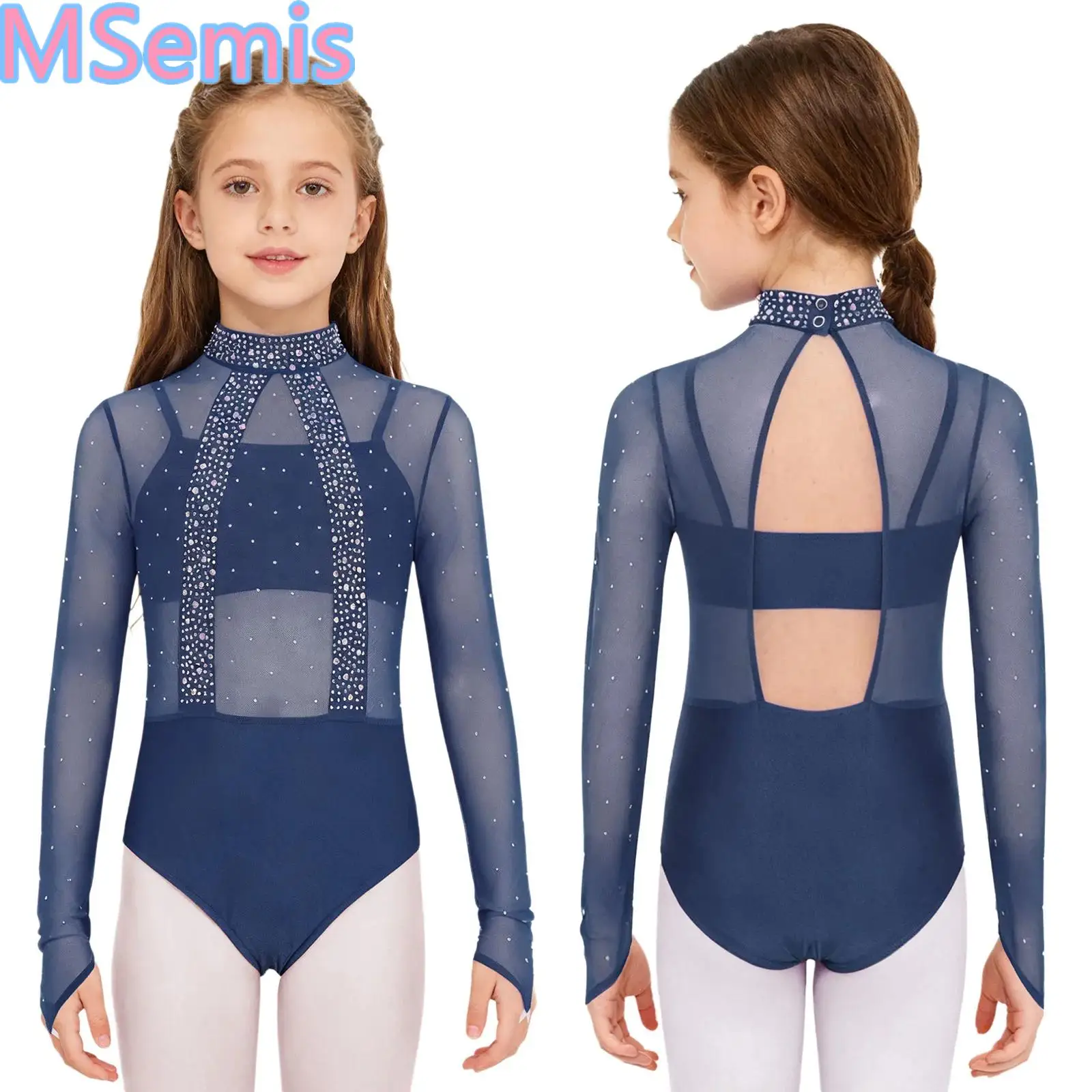 

Kids Girls Gymnastics Leotard Mock Neck Long Sleeve Cutout Back Shiny Rhinestones Sheer Mesh Bodice Dance Leotard with Camisole