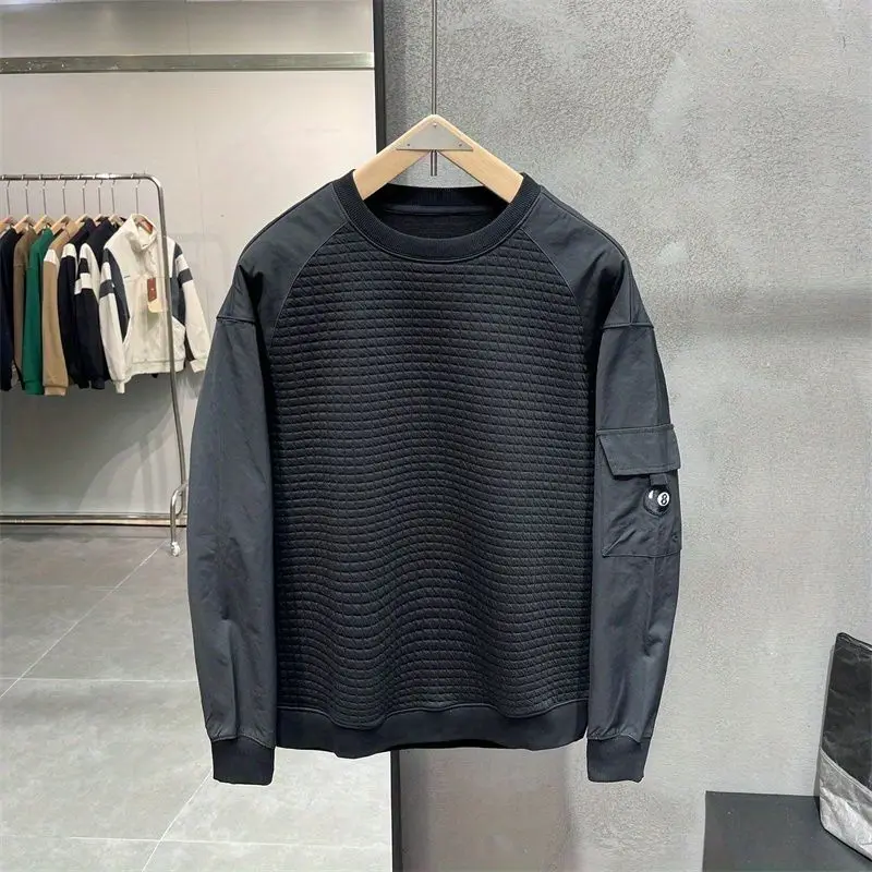 Designer Clothes Patchwork O-Neck Hoodies Sweatshirts Men Korean Style Fashion Loose Casual Bottoming Shirt Waffle Pullover Men