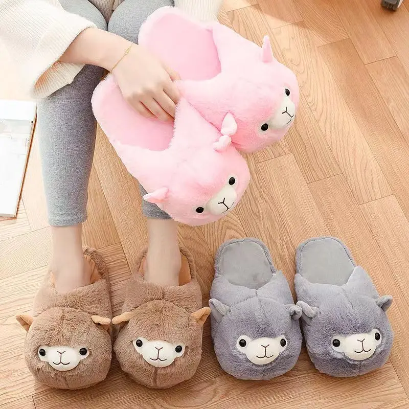 Winter House Warm Plush Alpaca Cozy Shoes Unisex Furry  Cotton Slippers Lovely Creative Cartoon Indoor Soft Slides One Size