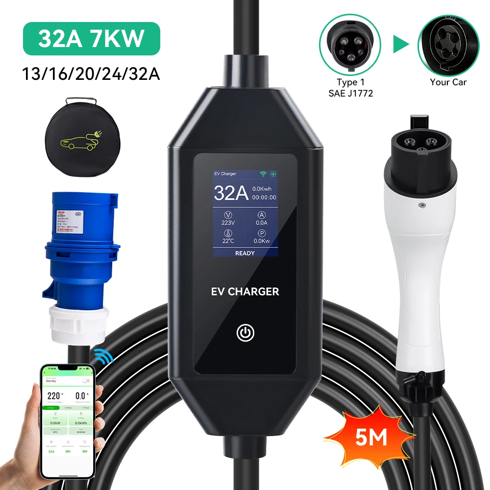 

JDMEX Type1 Portable EV Charger 7KW 32A 1Phase Wallbox EVSE APP Remote Control 5M Type1 SAE J1772 Charger for Electric Vehicle