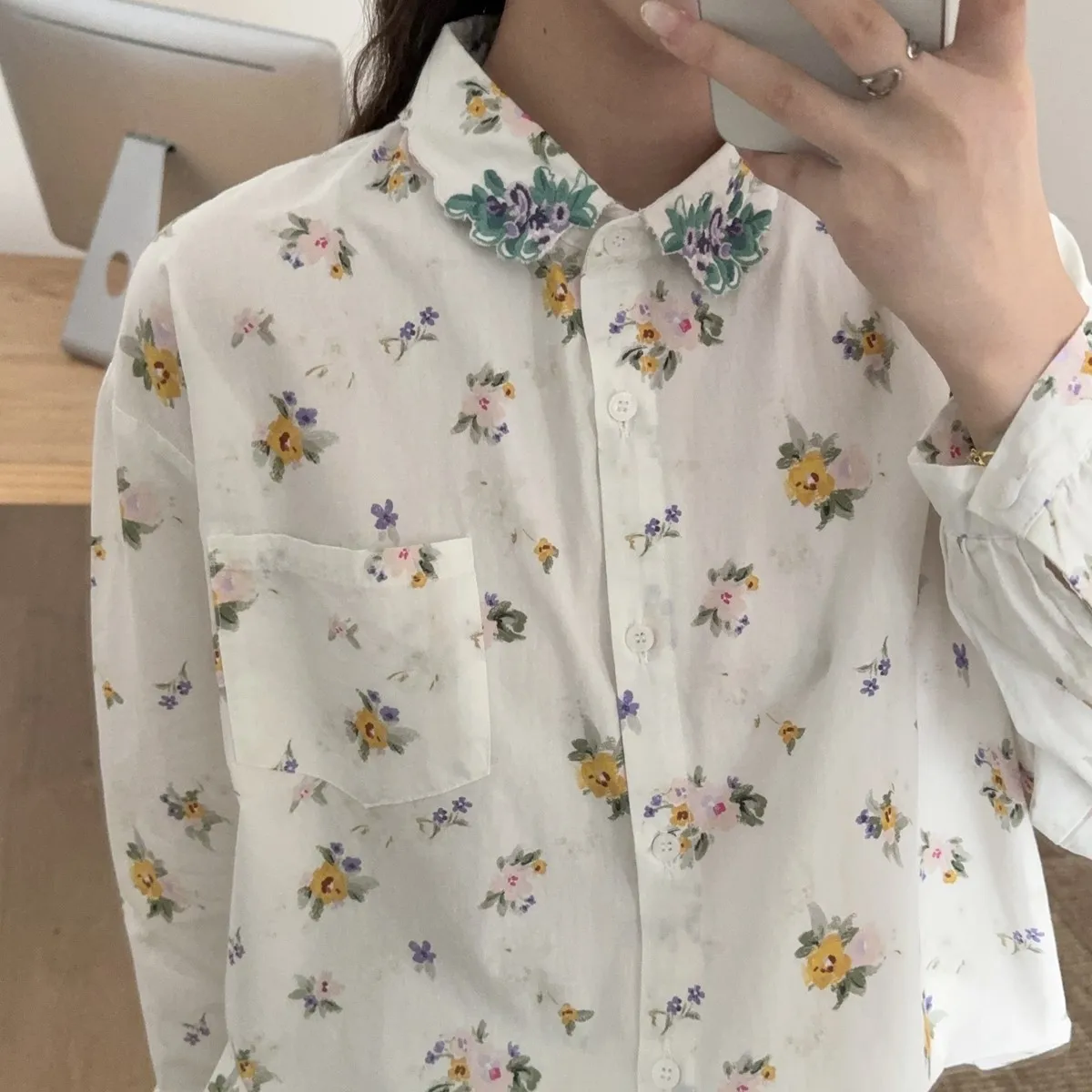 New Autumn Cotton Long Sleeve Shirt, Women Lapel Floral Embroidery Top, Mori Girl Sweet OL Loose Blouses, 2024 Winter T48865QM