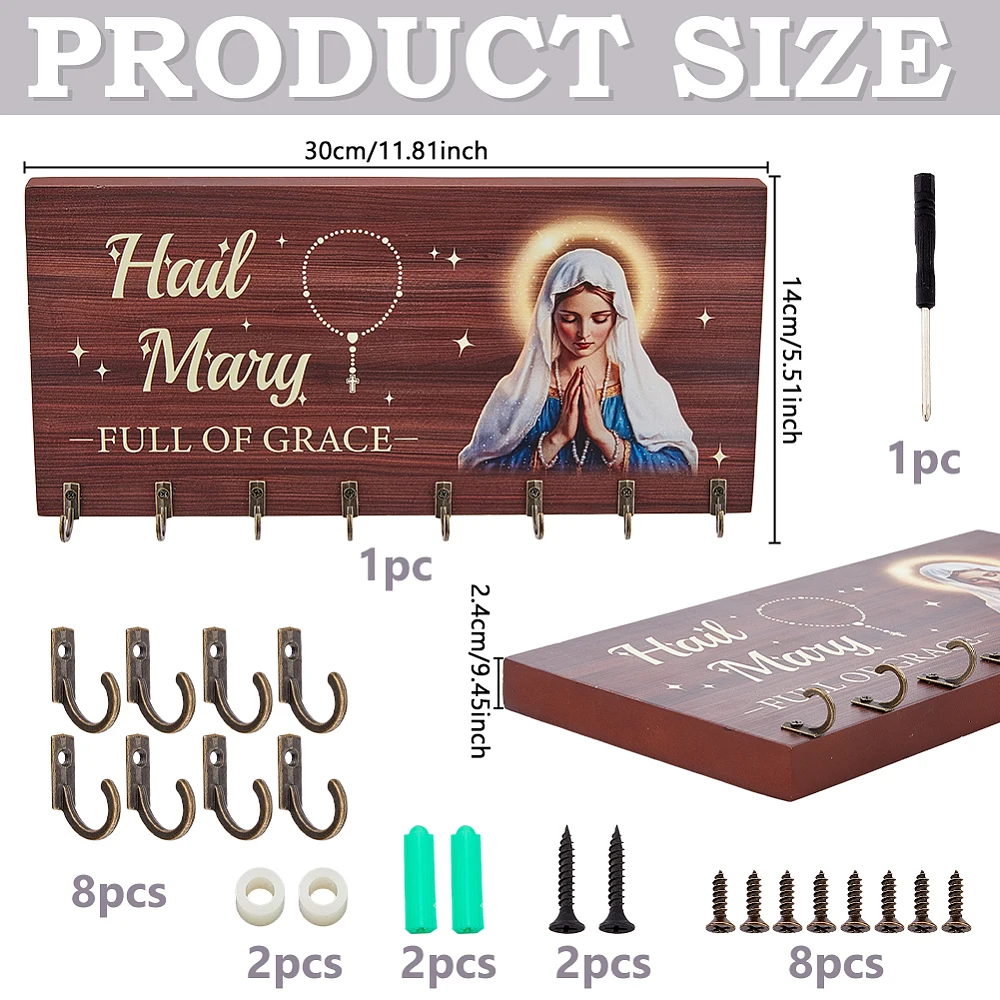 Wooden Rosary Holder Wall Mounted with 8 Hangers Wall Mounted Necklace Organizer Large Catholic Rosary Holder for Necklace