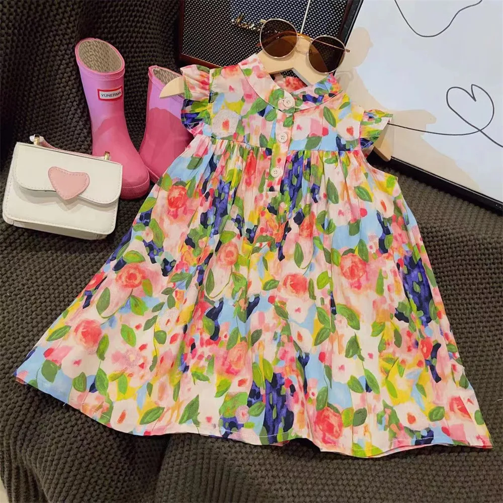 Girls Casual Dresses Flower Printing Ruffled Sleeveless Casual Dress Kids Dresses for Girls 2 To 7 Years Girl Dress