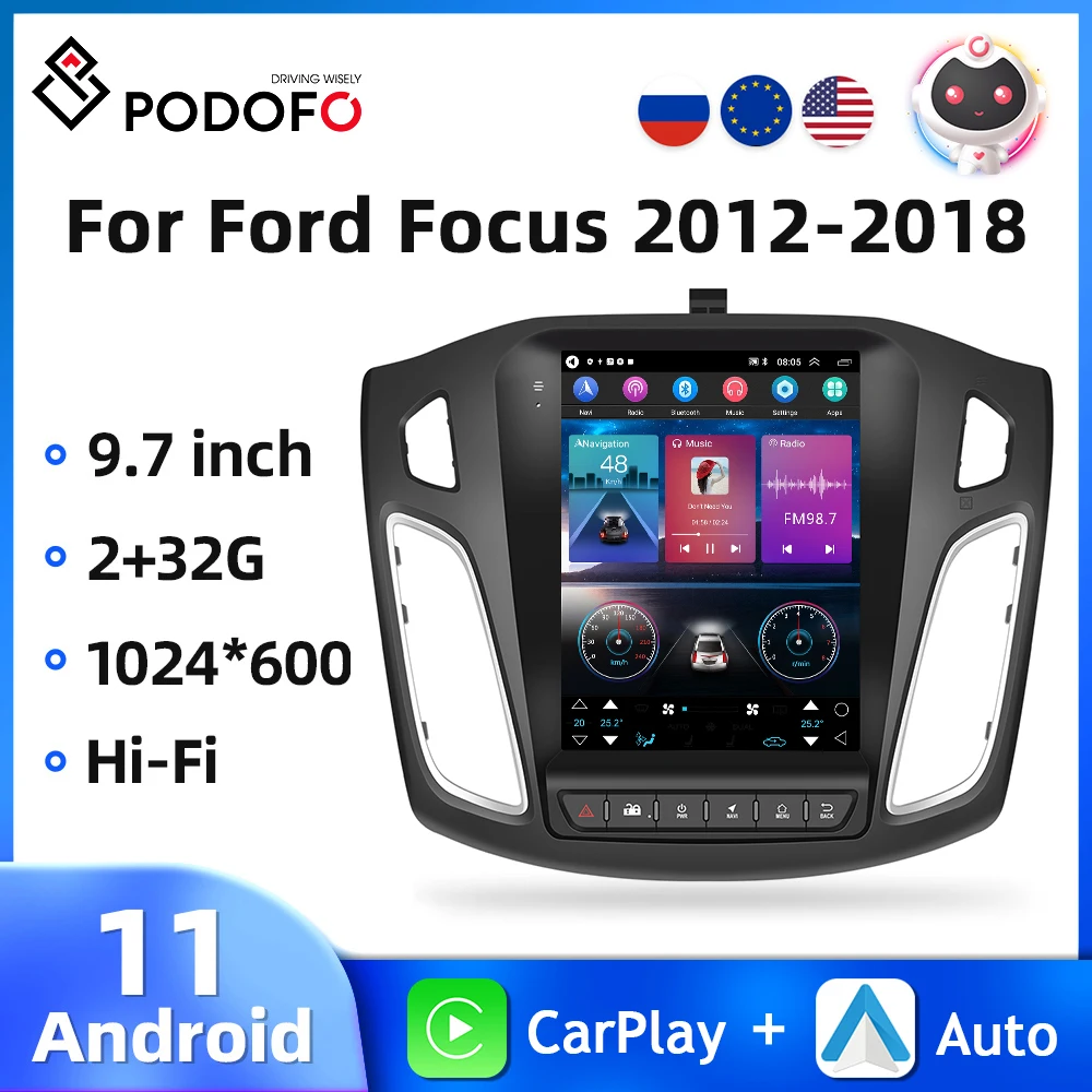 Podofo Android11 9.7'' Car Radio For Ford Focus 2012-2018 Car Stereo GPS WIFI Carplay Multimedia Player Vertical Screen HIFI DVD