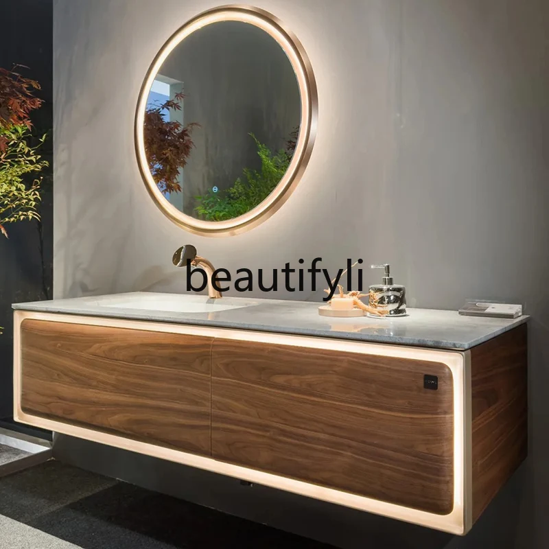 

Marble Black Walnut Pattern Solid Wood Bathroom Cabinet Set Washroom Sink Basin