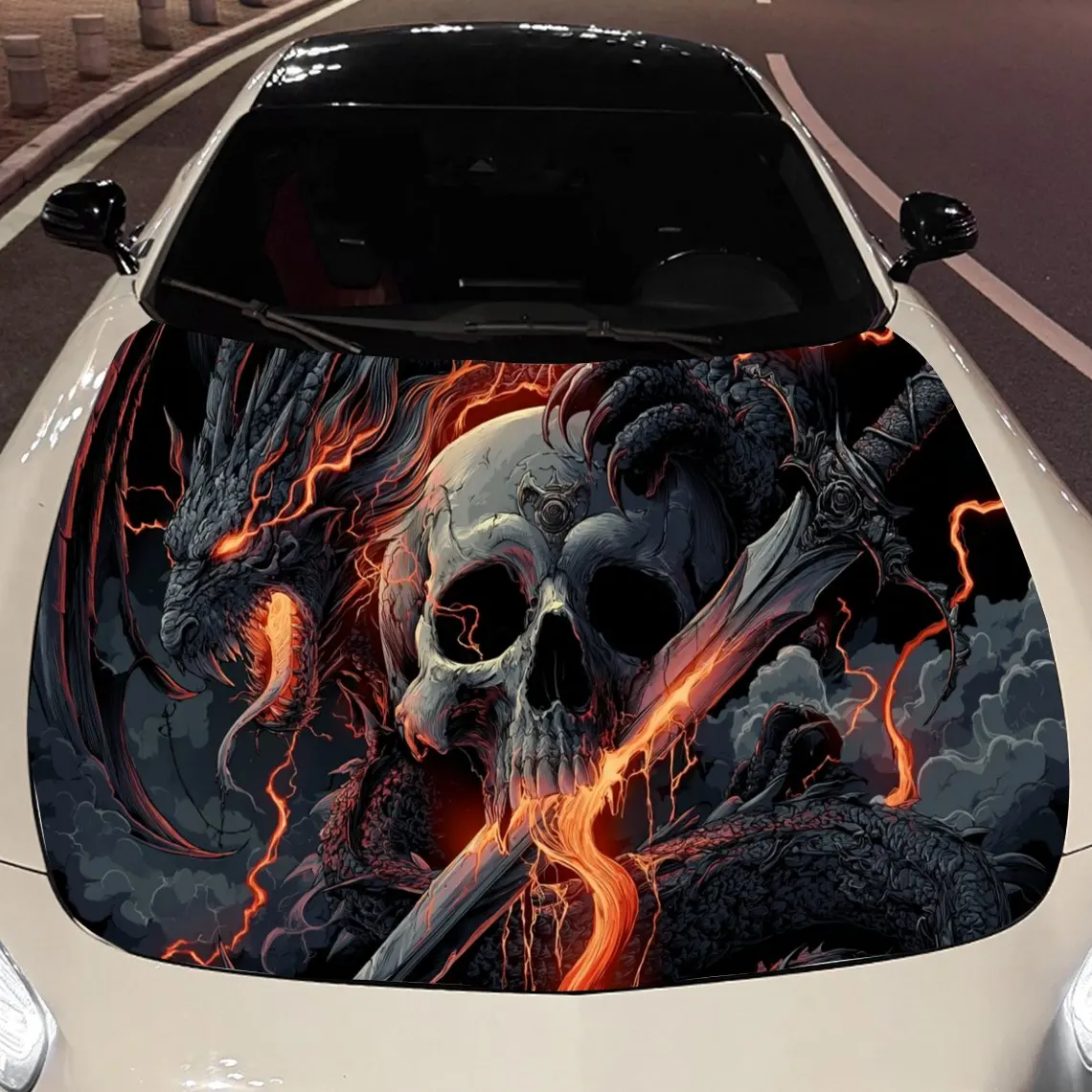 

Red-Flame Lightning Dragon and Holy Sword Skull Car Vinyl Wrap, PVC Material Waterproof Car Hood Sticker, Self-Adhesive Scratch-
