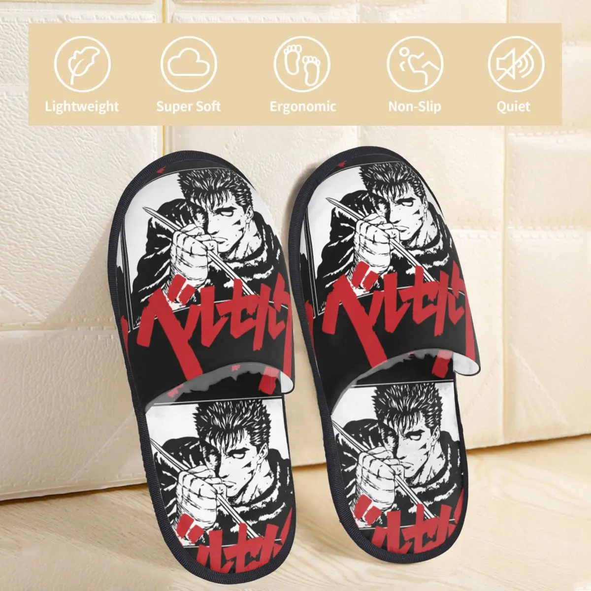 Berserk Guts Swordsman Furry Slippers Non Slip Japanese Manga Anime Cozy Memory Foam Slides Living Room