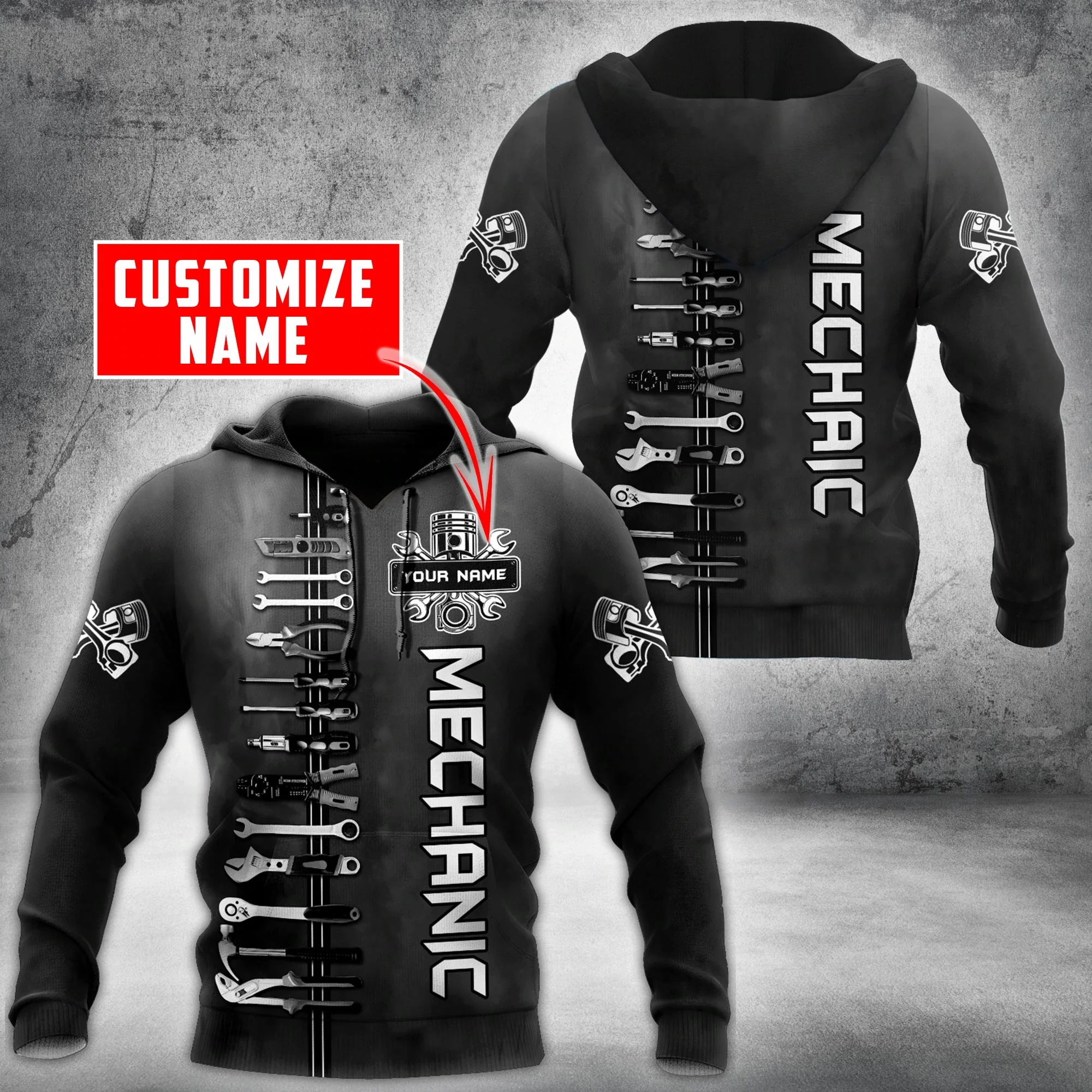 Personalisierter Name Mechanic 3D All Over Bedruckter Herren Hoodie Unisex Kapuzenpullover Streetwear Casual Reißverschluss Hoodies DK493