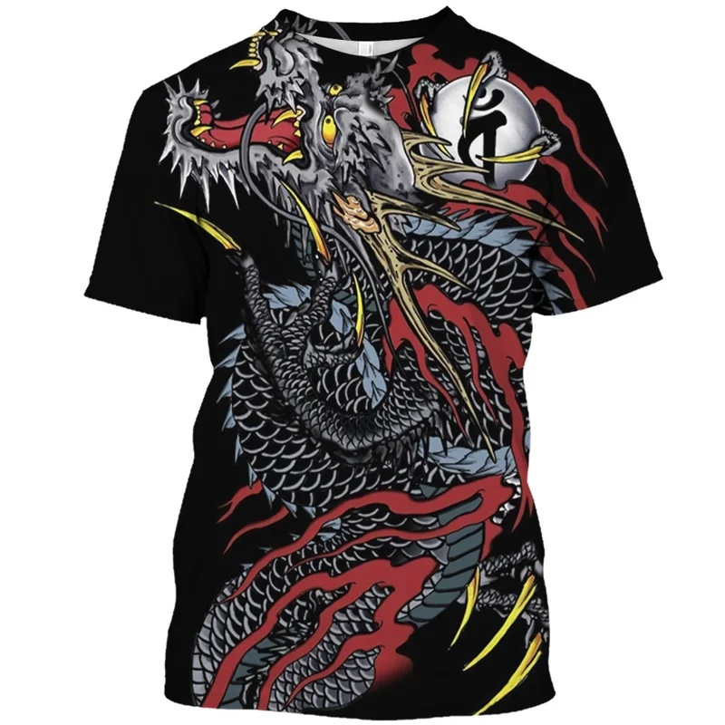 1 Piece Custom Your Picture Short-sleeved T-shirt, round neck, printed with a 3D Oriental dragon graphic pattern, Harajuku style