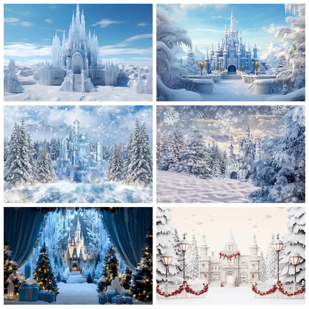 

Winter Castle Photography Backdrop Snow Forest Mountain Ice Frozen World Wonderland Happy Birthday Background Photo Studio Props