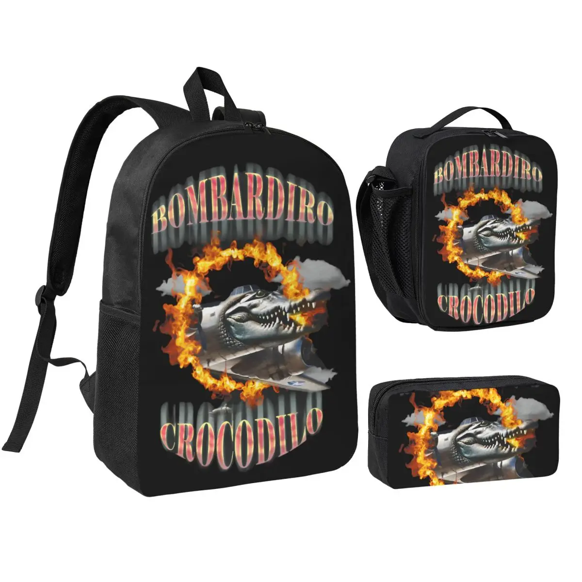 Bombardiro Crocodilo 3pecs/set Backpack for Boys Girls Italian Meme Brainrot High School Shoulder Bag Lunch bag Pencil Case