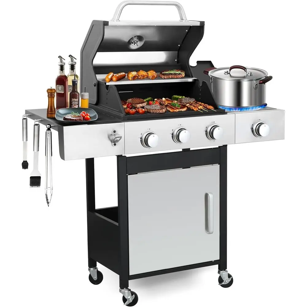 

3-Burner Outdoor Propane Gas Grill with Cast Iron Grates and Side Burner, Cabinet-Style Storage BBQ