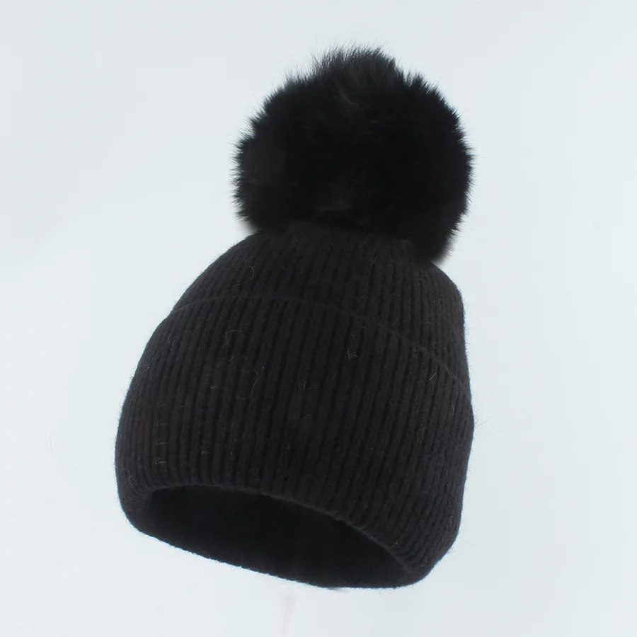 Chapéu Angora Knit Beanie feminino, Pompom, Pele de Raposa Real, Quente, Desportivo, Ao Ar Livre, Acessório de Esqui, Inverno, Outono