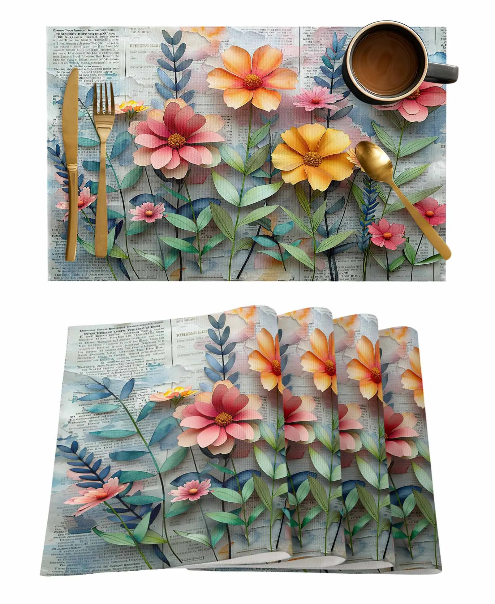 Flower Newspaper Watercolor Gradient Table Runners For Dining Room Tablecloth 4/6 Pcs Placemats Table Cover