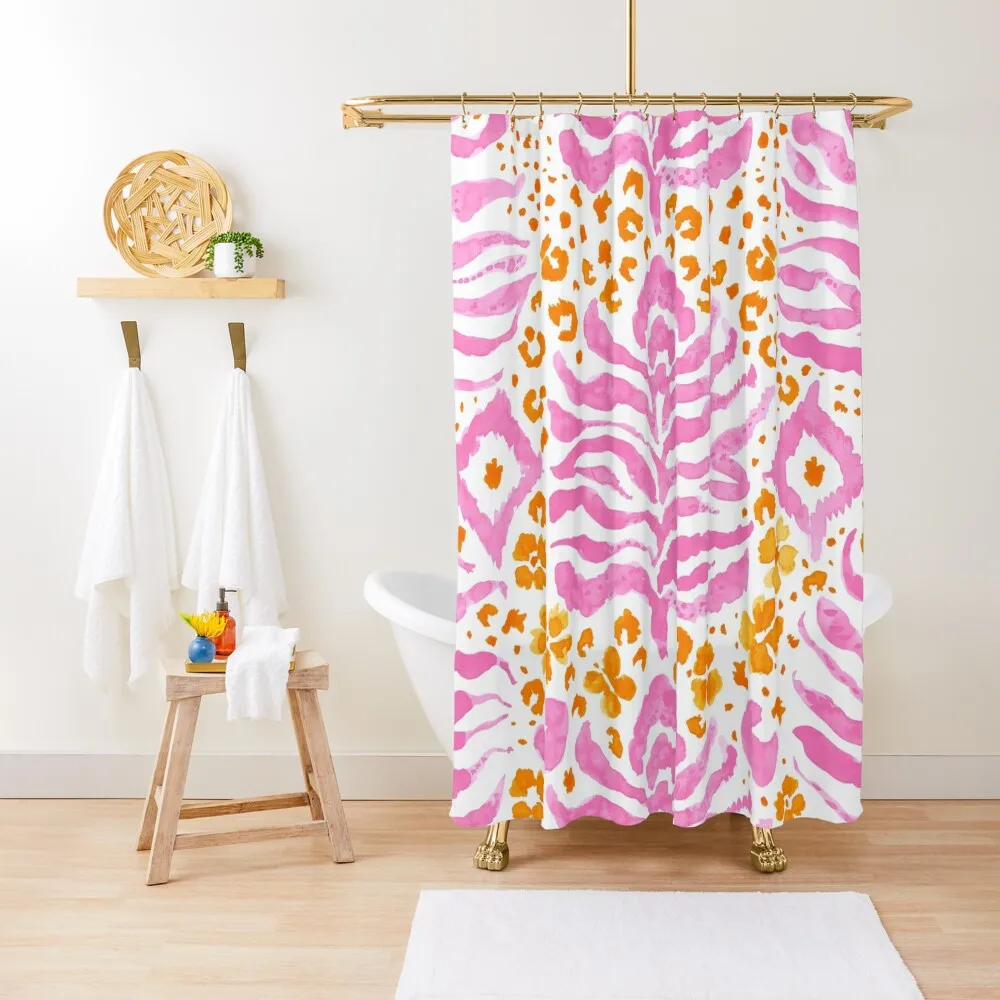 

Wild 'Kat' in Hot Pink and Tangerine on White- hand-painted watercolor Tiger stripe and Leopard Shower Curtain