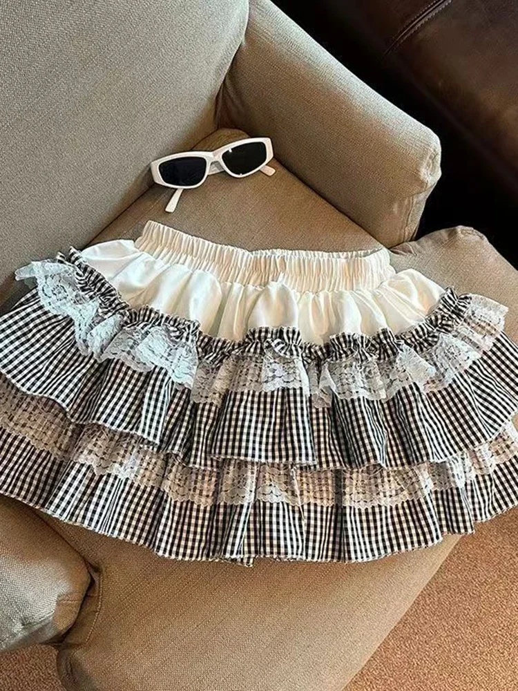 Falda a cuadros de encaje dulce coreano para mujer, minifaldas Vintage bonitas de cintura alta, falda informal de estilo pijo de retazos Y2k para mujer Kawaii