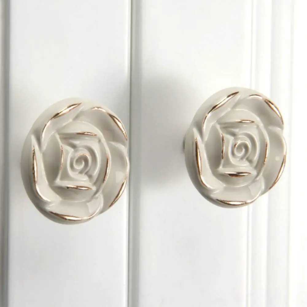 8Pcs Antique Rose Flower Cabinet Knobs, Vintage Kitchen Shabby Chic Zinc Alloy White Drawer Pull Handles For Dresser