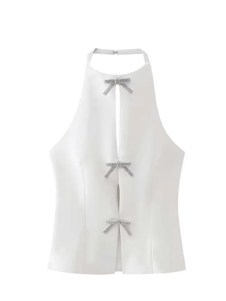 Zomertop Vrouwelijke sieraden Strikdecoratie Hangende halskraag Mouwloze top 2025, mooie slingtop voor dames