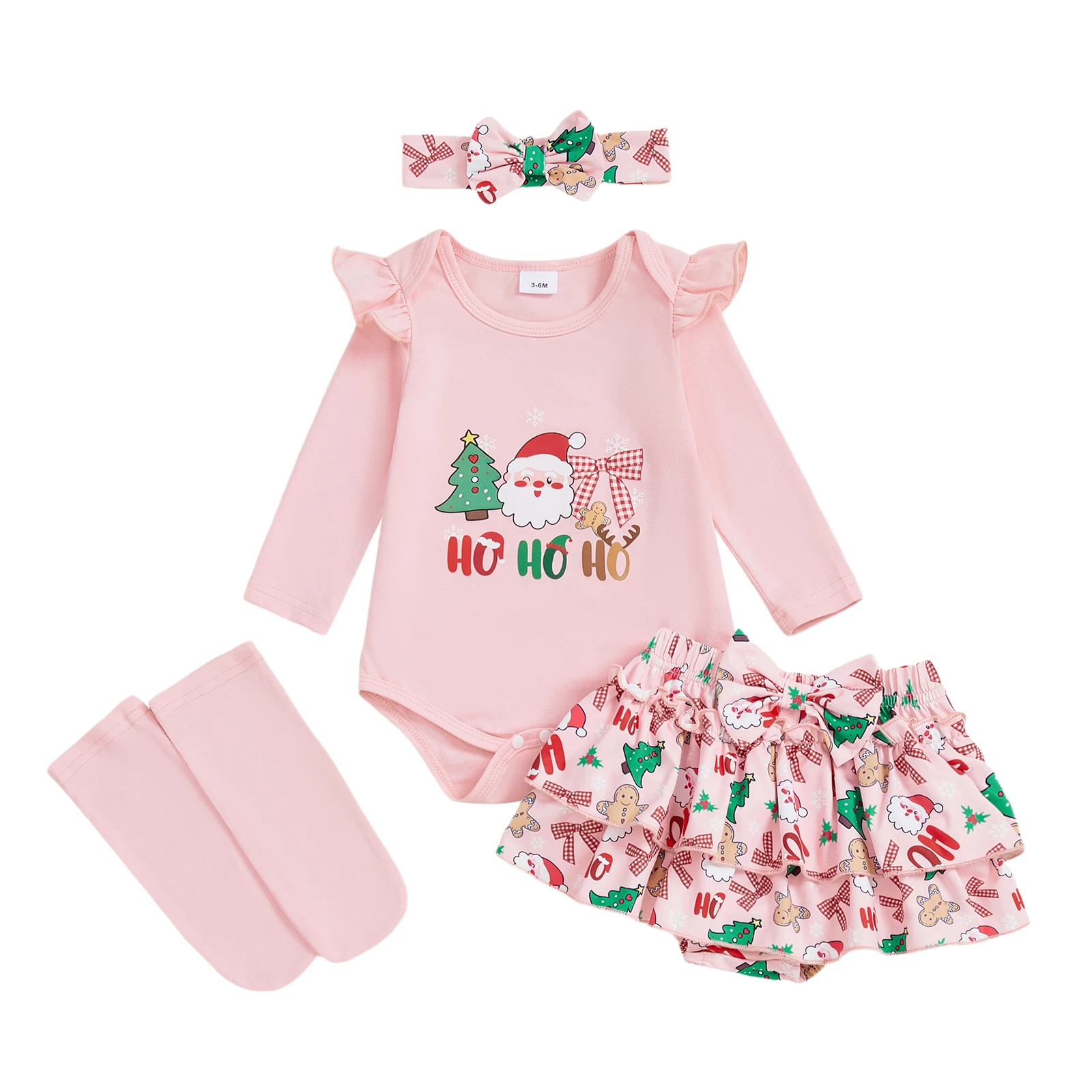 

Baby Girls Christmas Outfit Long Sleeve Romper Skirt Shorts Headband Socks Set Infant Clothes
