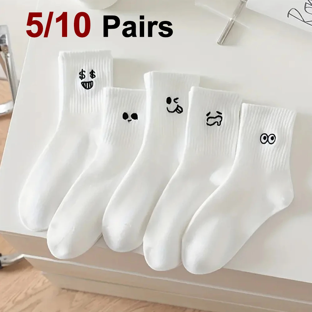 

5/10 Pairs Women White Cartoon Socks Trendy Versatile Expression Socks Simple Design Soft Breathable Comfortable Casual Socks