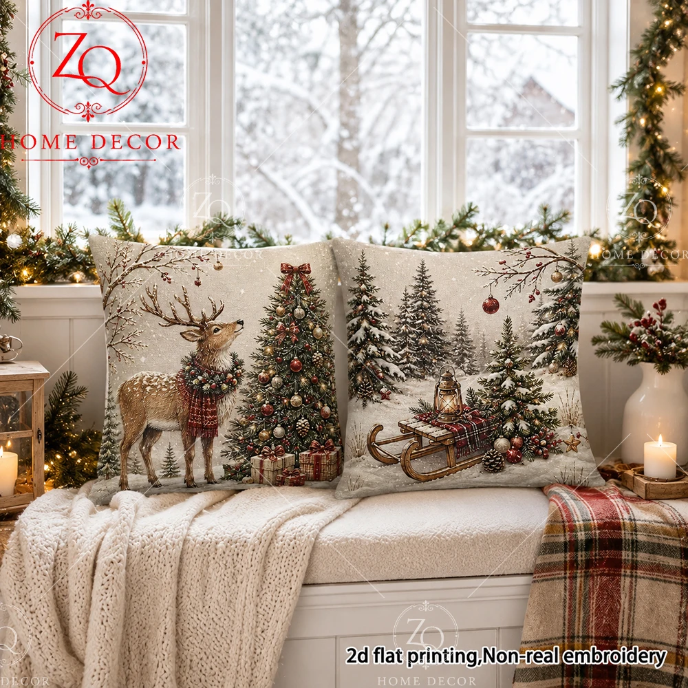 Merry Christmas Cushion Cover 2D Flat Printed Peach Skin Deer Pine Tree Pillowcase Holiday Home Decor For Sofa Bed Living Room